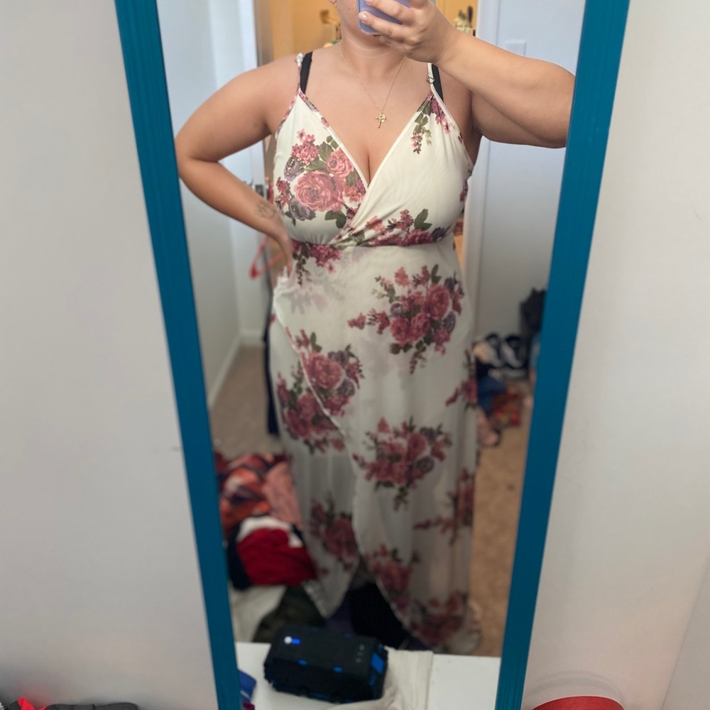 White and pink floral maxi high/low dress.